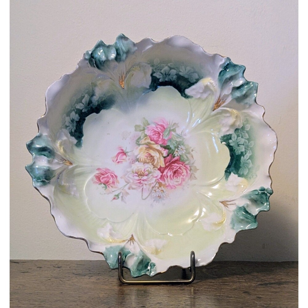 Antique RS Prussia Porcelain Bowl 9.5" Iris Mold #25 Red Star Mark Pink...